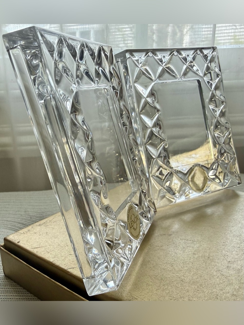 2 small Lenox Clear Crystal Czech Republic Faceted Rectangle Photo Vintage Frame - Picture 3 of 15